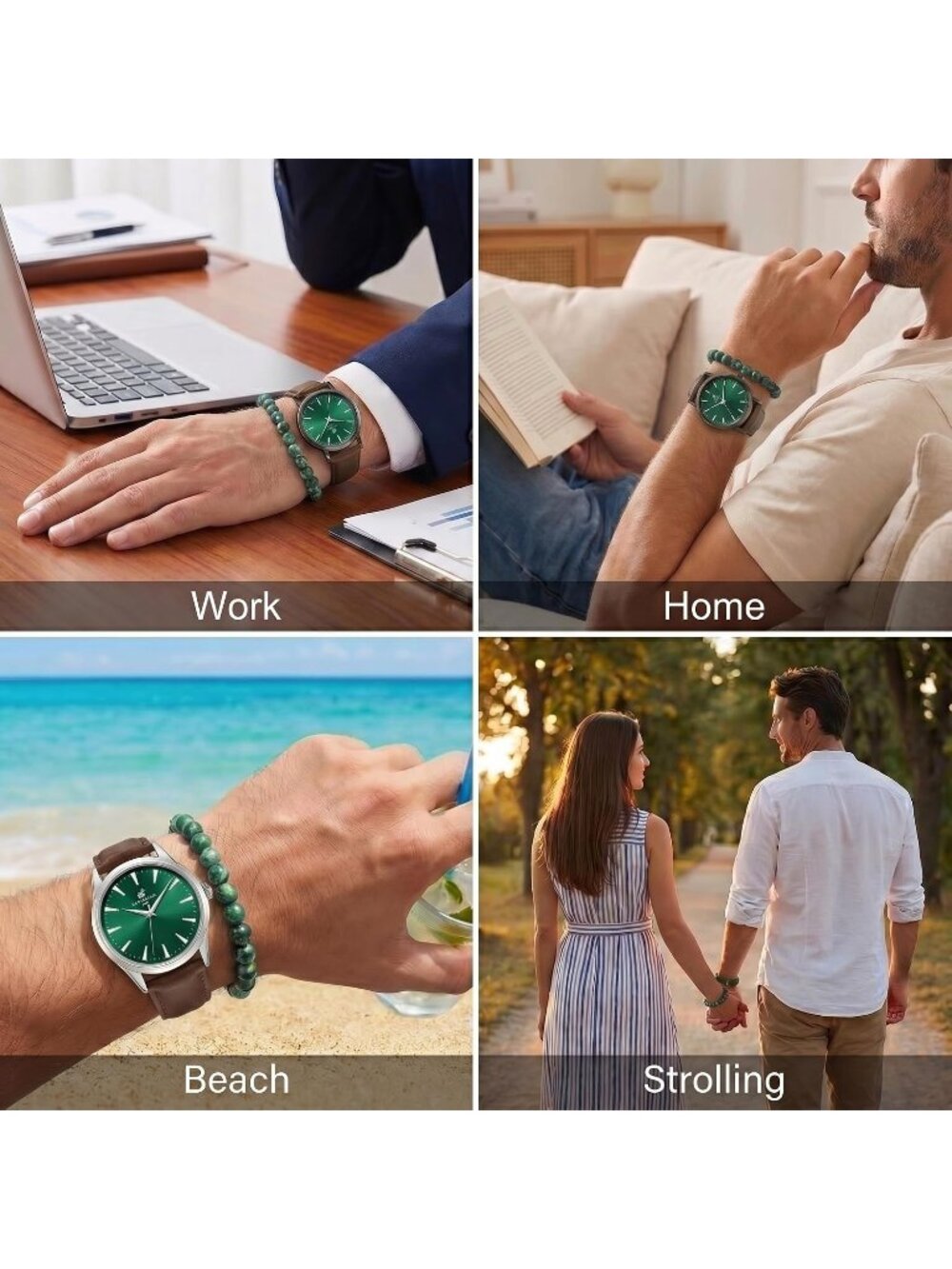 Men’s Green Brown Metal Case Beaded Bracelet Set Sunray Dial Wrist Watches - Picture 6 of 6